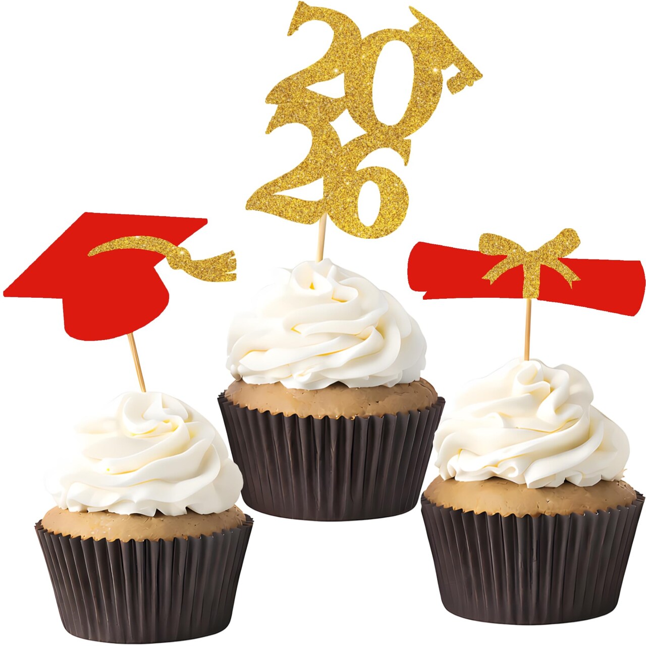 Graduation Decorations 2026-36 PCS Graduation Cupcake Toppers - 2026 Graduation Party Decorations - Mini Cake Decorations for Class of 2026,Diploma, 2026, Grad Cap Set (Red)